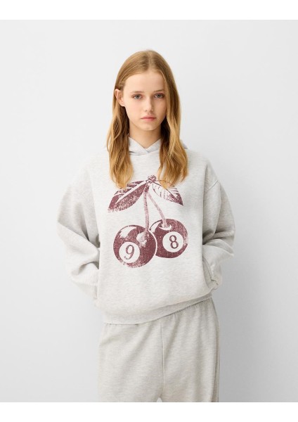 Gri 98 Cherries Baskılı Main Charactery Enegy Only Yazılı Kapüşonlu Oversize Hoodie