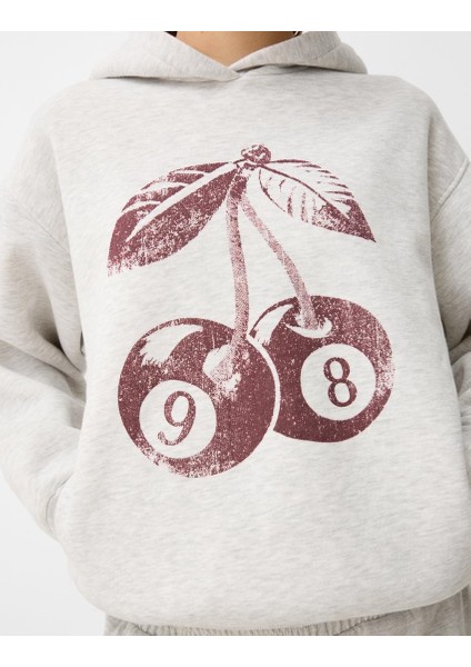 Gri 98 Cherries Baskılı Main Charactery Enegy Only Yazılı Kapüşonlu Oversize Hoodie indirimleri