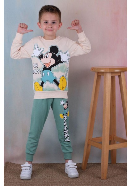 Pjk2i Mickey Mouse Desenli Yeşil 2 Ip %100 Pamuk Erkek Çocuk Eşofman Takımı 3-10 Yaş 7238-Y