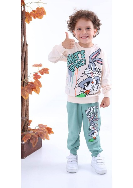 Pjk2i Bugs Bunny Desenli Yeşil 2 Ip %100 Pamuk Erkek Çocuk Eşofman Takımı 3-10 Yaş 7247-Y