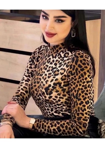 Leopar Desenli Likrali Kumaş Bluz