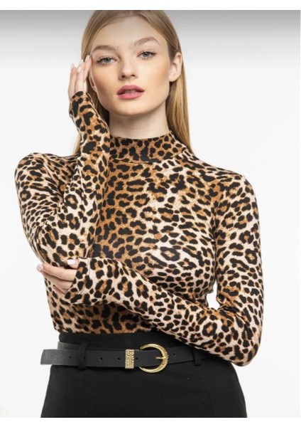 Leopar Desenli Likrali Kumaş Bluz