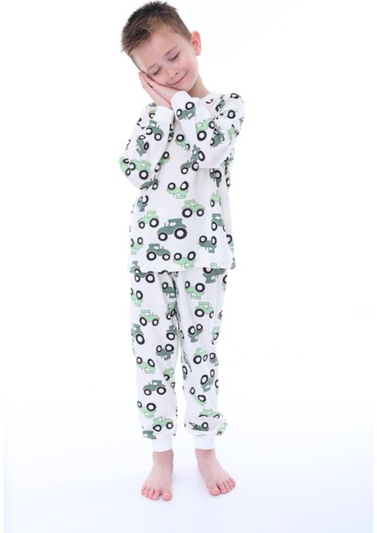 Isob Ekru Traktör Desenli %100 Pamuk Erkek Çocuk Pijama Takımı 3-8 Yaş 32217-E