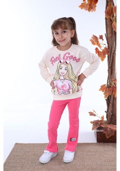 Pjk2i Barbie Desenli Fuşya Fitilli Taytlı 2 Ip %100 Pamuk Kız Çocuk Takımı 3-10 Yaş 7226-F