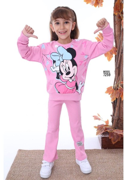 Pjk2i Minnie Desenli Koyu Pembe Fitilli Taytlı 2 Ip %100 Pamuk Kız Çocuk Takımı 3-10 Yaş 7259-KP