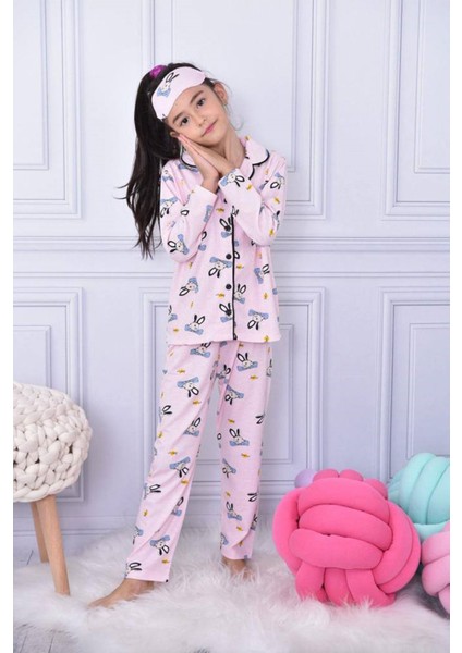 Pjkö Tavşan Desenli Pembe Uzun Kollu Önden Düğmeli Kız Çocuk Pijama Takımı 4-12 Yaş 584U