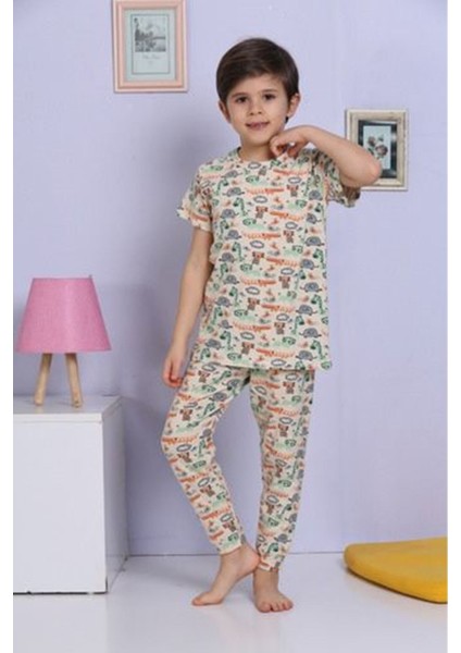 Elm Bej Hayvanlar Alemi Desen Erkek Çocuk Pijama Takımı 3-10 Yaş 1164