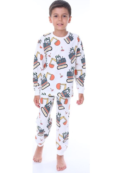 Isob Ekru Turuncu Iş Makinesi Desenli %100 Pamuk Erkek Çocuk Pijama Takımı 3-8 Yaş 32214-E