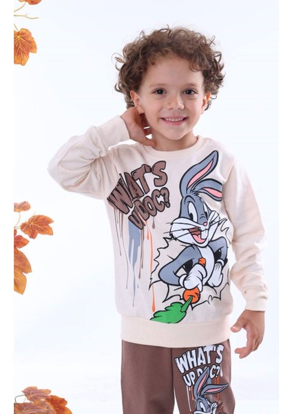 Pjk2i Bugs Bunny Desenli Kahverengi 2 Ip %100 Pamuk Erkek Çocuk Eşofman Takımı 3-10 Yaş 7247-K