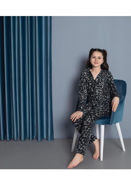 Işılay Selen Garson Siyah Leopar Desenli Uzun Kollu Önden Düğmeli Kız Çocuk Pijama Takımı 7-14 Yaş 38005