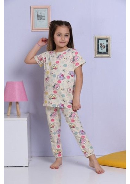 Elm Bej Ayıcık Desen Kız Çocuk Pijama Takımı 3-10 Yaş 1175