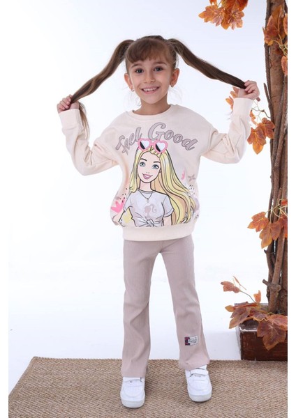 Pjk2i Barbie Desenli Bej Fitilli Taytlı 2 Ip %100 Pamuk Kız Çocuk Takımı 3-10 Yaş 7226-B