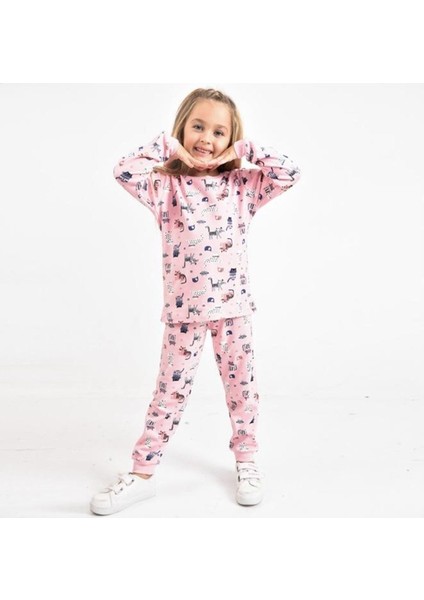 Isob Pembe Kedicik Desenli %100 Pamuk Kız Çocuk Pijama Takımı 3-8 Yaş 14302-P