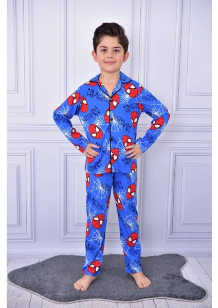Pjk Örümcek Adam Desenli Mavi Uzun Kollu Önden Düğmeli Erkek Çocuk Pijama Takımı 4-12 Yaş 709U