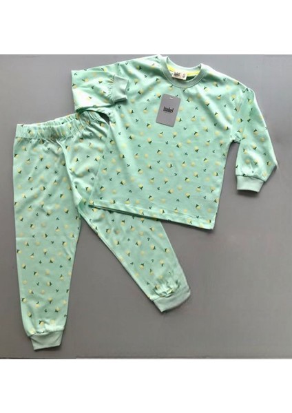 Isob Mint Çiçek Desenli %100 Pamuk Kız Çocuk Pijama Takımı 7-12 Yaş 25402-M