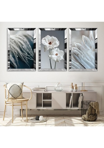 Beyaz Çiçek Gümüş Pleksi Kenar Mdf Tablo