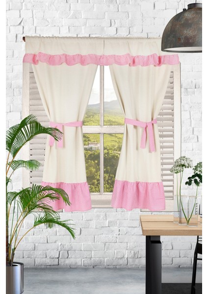 Naturel Perde Farbalı Vintagr Çift Kanat Pembe 170X185 cm