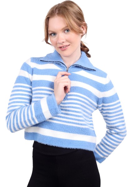 6619 Fermuar Detay Yumoş Kazak Bebe Mavi