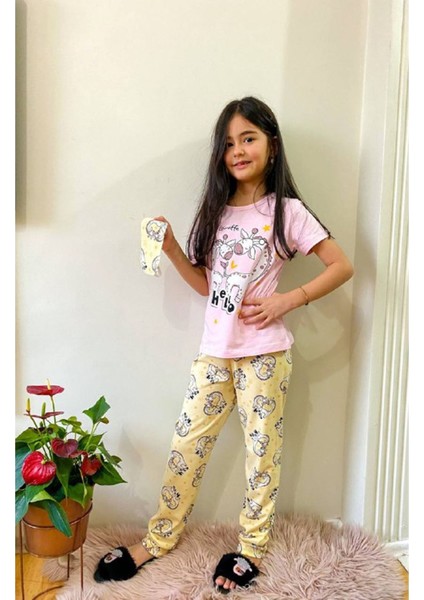 Miniş Zürafa Desenli Pembe Kız Çocuk Kısa Kol Pijama Takımı 4-12 Yaş 513
