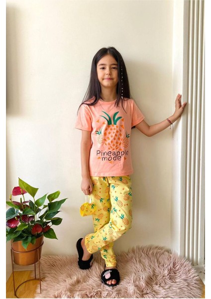 Ananas Desenli Somon Kız Çocuk Kısa Kol Pijama Takımı 4-12 Yaş 530
