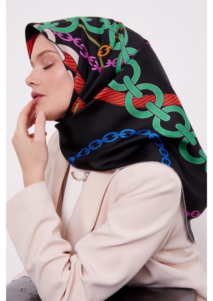 Siyah Zincir Desen Twill Ipek Eşarp