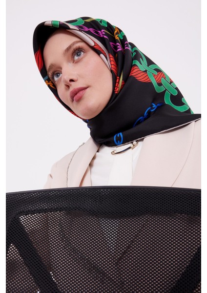 Siyah Zincir Desen Twill Ipek Eşarp fiyatları