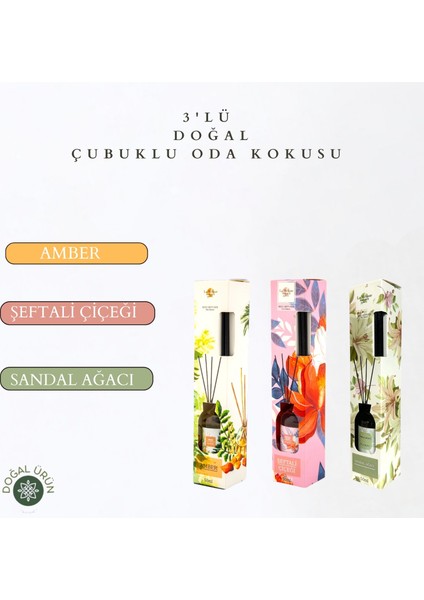 3'lü Set Amber, Şeftali Çiçeği, Sandalağacı Bambu Çubuklu Doğal Oda Kokusu Reed Diffuser 50 ml