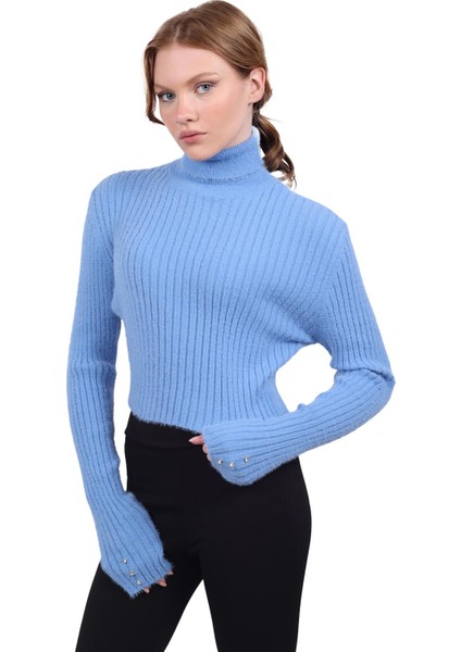 6627 Boğazlı Kol Taş Detay Yumoş Kazak Bebe Mavi