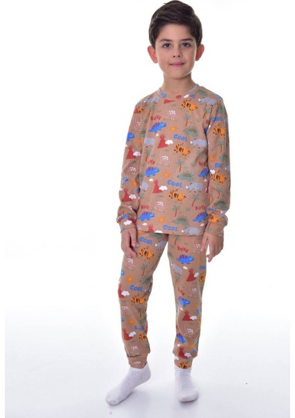 Isob Kahverengi Dinozor Desen Fitilli Interlok Kumaş %100 Pamuk Erkek Çocuk Pijama Takımı 3-12 Yaş 12309-K