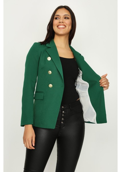 Kadın Gold Düğme Kapamalı Astarlı Blazer Ceket