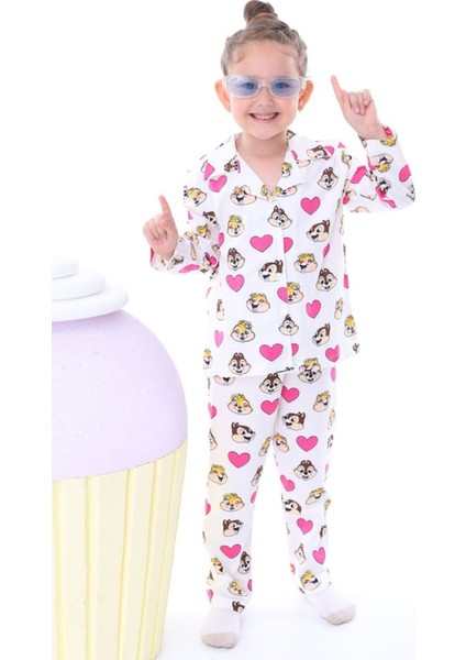 Isob Ekru Önden Düğmeli %100 Pamuk Kız Çocuk Pijama Takımı 3-8 Yaş 31202-E