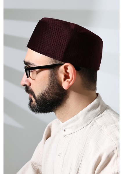 Bordo Petek Kareli Kadife Kalıp Namaz Takkesi