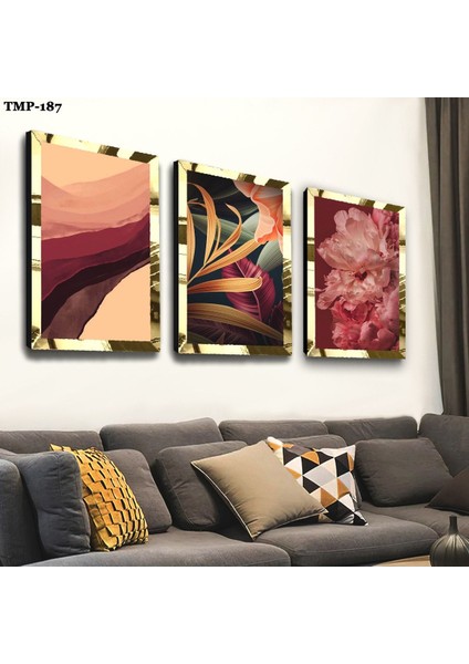 Renkli Çiçek Gold Pleksili Mdf Tablo