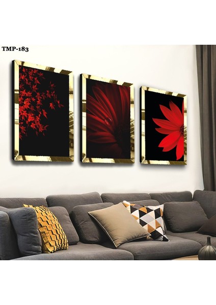 Kırmızı Çiçek Gold Pleksili Mdf Tablo