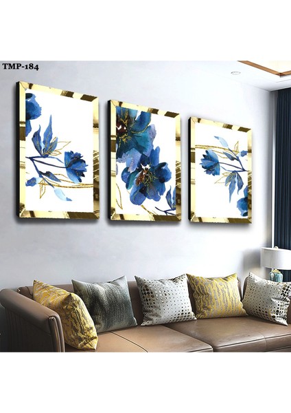 Mavi Çiçek Gold Pleksili Mdf Tablo