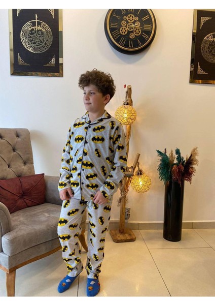 Pjk Batman Desenli Gri Uzun Kollu Önden Düğmeli Erkek Çocuk Pijama Takımı 4-12 Yaş 00701U