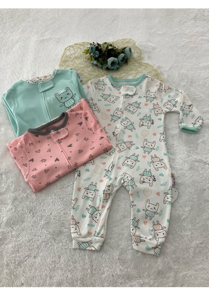 %100 Pamuk Korumalı Fermuarlı Mint Tavşan Baskılı 3lü Tulum 6-18 Ay 715