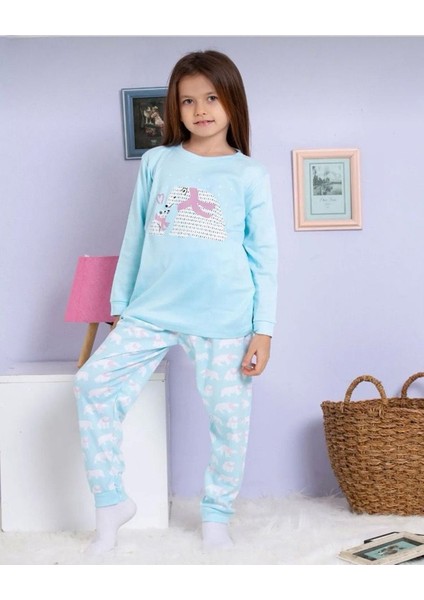 *elmp Açık Mavi Anne ve Yavru Ayıcıklı %100 Pamuk Kız Çocuk Pijama Takımı 1-13 Yaş 4001