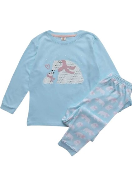 *elmp Açık Mavi Anne ve Yavru Ayıcıklı %100 Pamuk Kız Çocuk Pijama Takımı 1-13 Yaş 4001