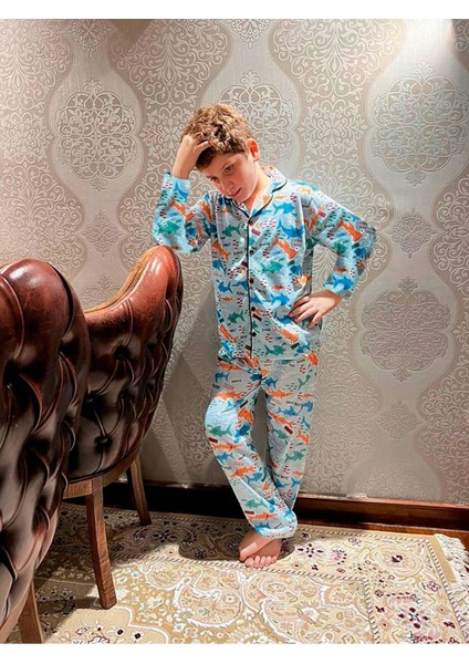 Pjk Balık Desenli Mavi Uzun Kollu Önden Düğmeli Erkek Çocuk Pijama Takımı 4-12 Yaş 705U