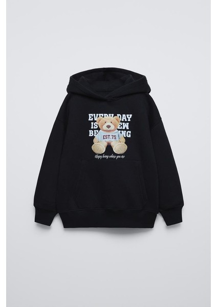 Siyah Çocuk Every Day Is Em Being Yazılı Ayıcıklı Kapüşonlu Oversize Sweatshirt