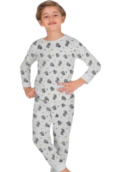 *elmp Gri Ayıcıklı %100 Pamuk Unisex Çocuk Pijama Takımı 1-9 Yaş 3038