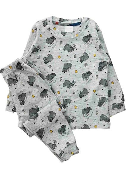 *elmp Gri Ayıcıklı %100 Pamuk Unisex Çocuk Pijama Takımı 1-9 Yaş 3038