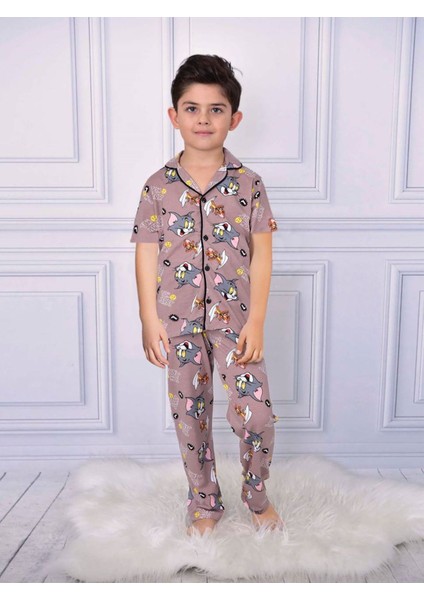 Pjk Tom&jerry Desenli Kahverengi Kısa Kollu Önden Düğmeli Erkek Çocuk Pijama Takımı 4-12 Yaş 0707K