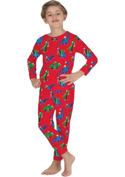 *elmp Kırmızı Yeniyıl Dinozorlu %100 Pamuk Unisex Çocuk Pijama Takımı 1-13 Yaş 4001