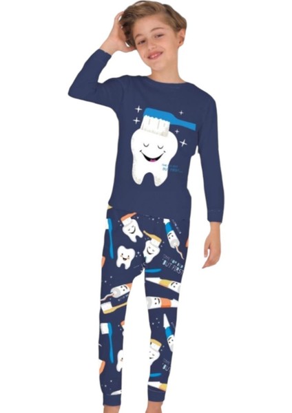 *elmp Lacivert Diş Fırçası Desen %100 Pamuk Erkek Çocuk Pijama Takımı 1-11 Yaş 2233