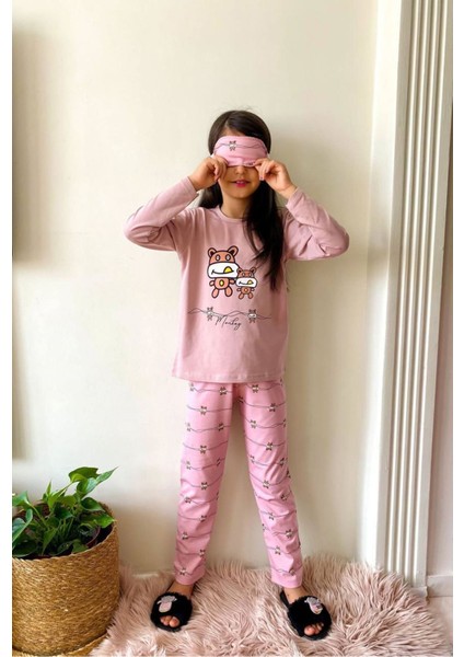 Monkey Desenli Pembe Kız Çocuk Pijama Takımı 4-12 Yaş 563