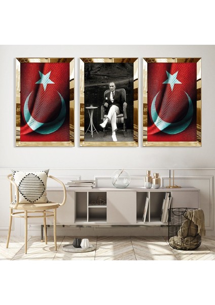 Türk Bayrağı Ve Atatürk Gold Pleksi Kenar Mdf Tablo