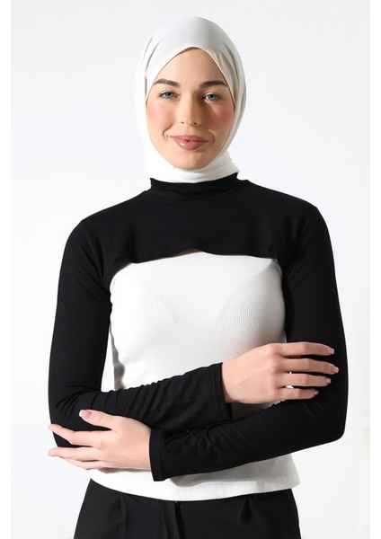 Balıkçı Yaka Tesettür Boyunluklu Kolluk Siyah