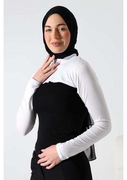 Balıkçı Yaka Tesettür Boyunluklu Kolluk Beyaz